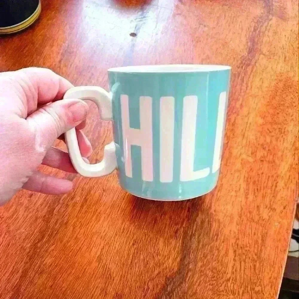 Ginger Fox CHILL mug. NWOT aqua blue & white.